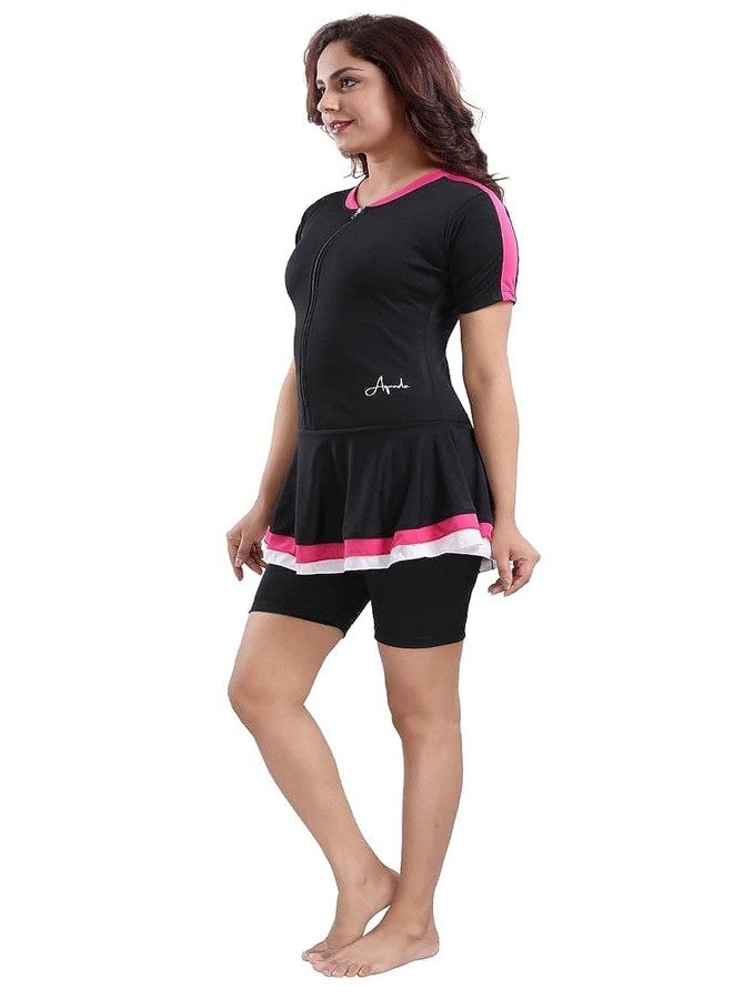 Aquado Womens one -Piece Swimwear,Half Sleeves Swimming Costume,Half Tights, Two Way Stretchable Polyester Fabric, U.V.Protection. (in, Alpha, 2XL, Black/Pink) - Image 4
