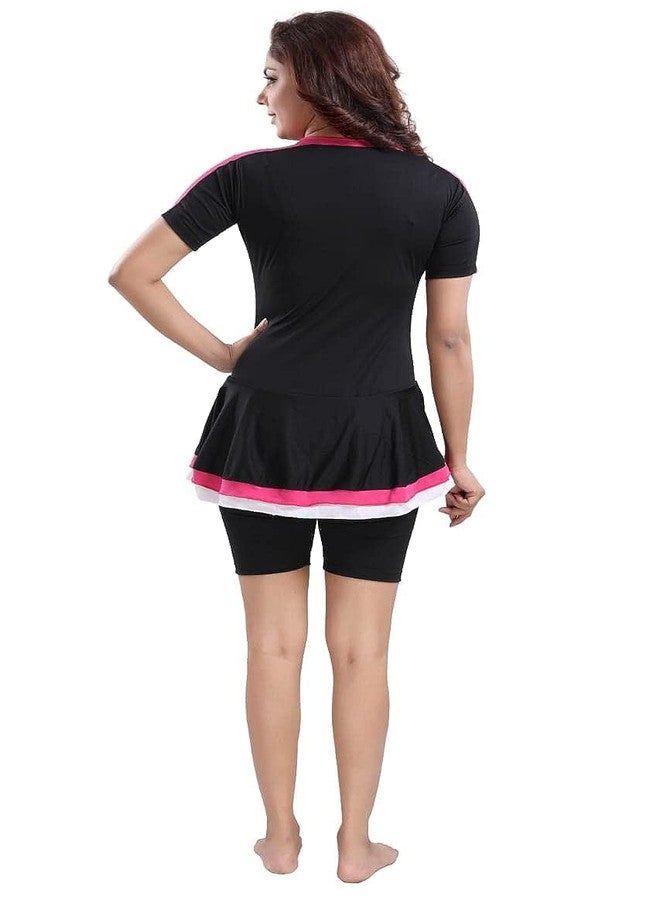 Aquado Womens one -Piece Swimwear,Half Sleeves Swimming Costume,Half Tights, Two Way Stretchable Polyester Fabric, U.V.Protection. (in, Alpha, 2XL, Black/Pink) - Image 2