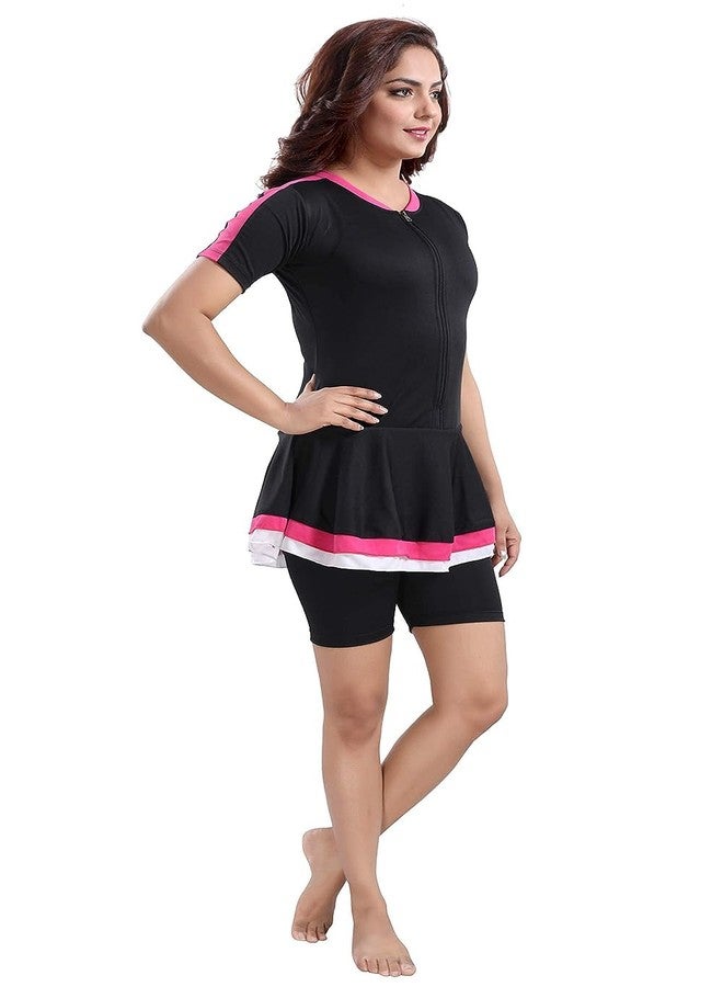 Aquado Womens one -Piece Swimwear,Half Sleeves Swimming Costume,Half Tights, Two Way Stretchable Polyester Fabric, U.V.Protection. (in, Alpha, 2XL, Black/Pink) - Image 3
