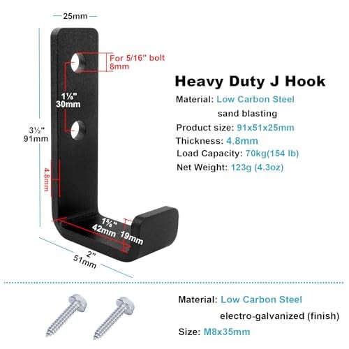OTTFF 4 Pack 3-1/2" Heavy Duty Steel J Hook, Wall Mount Utility Hook for Hanging Home Gym Garage Storage, Black - Image 3