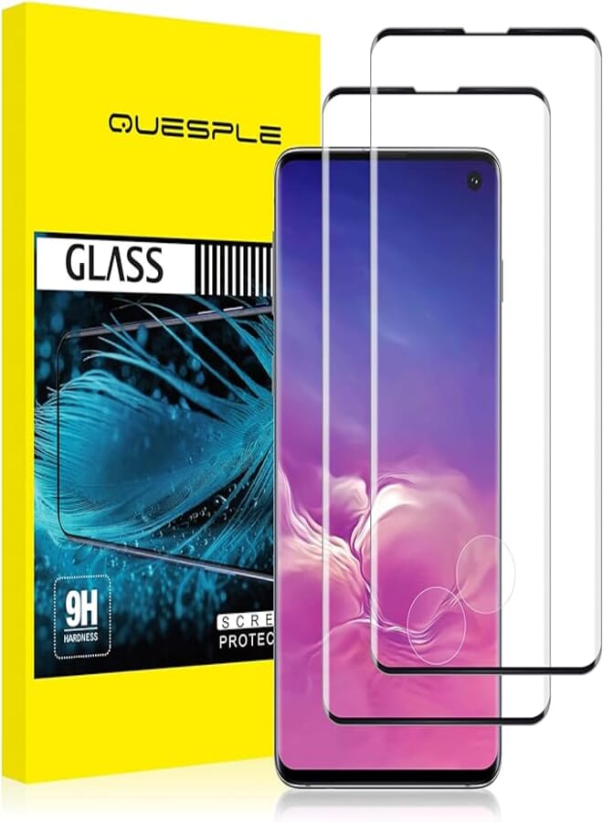 QUESPLE [Pack of 2] Tempered Glass Screen Protector for Samsung Galaxy S10, Anti-Scratch, Ultra Clear, Anti-Bubble, Fingerprint ID Tempered Glass Screen Protector for Samsung S10