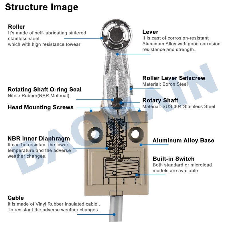 Baomain BM-3104 Limit Switch, TZ-3104 Roller Lever Plunger, Momentary SPDT 1NO+1NC IP67 Waterproof - Image 5