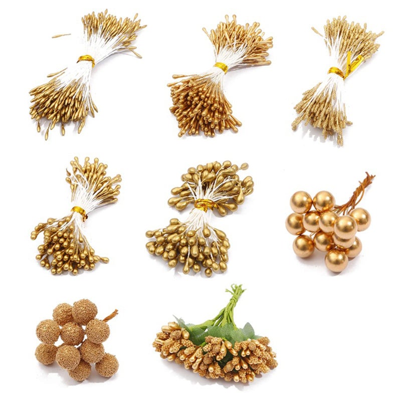 زهور صناعية هيلسايوم 8 نمط سداة كؤوس ذهبية زهور صناعية توت مزيف سداة كؤوس لعمل يدوي زينة منزلية ذهبية