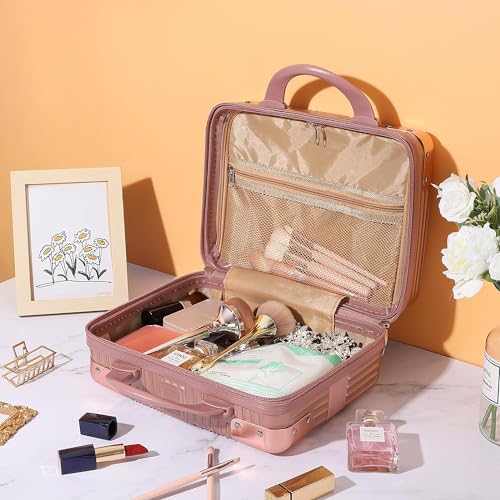 SUNBEET Mini Hard Shell Hard Travel Luggage Makeup Case Small Portable Carrying Case Suitcase Organizer Makeup Storage Box for Women (B-Rose-Gold) - Image 4