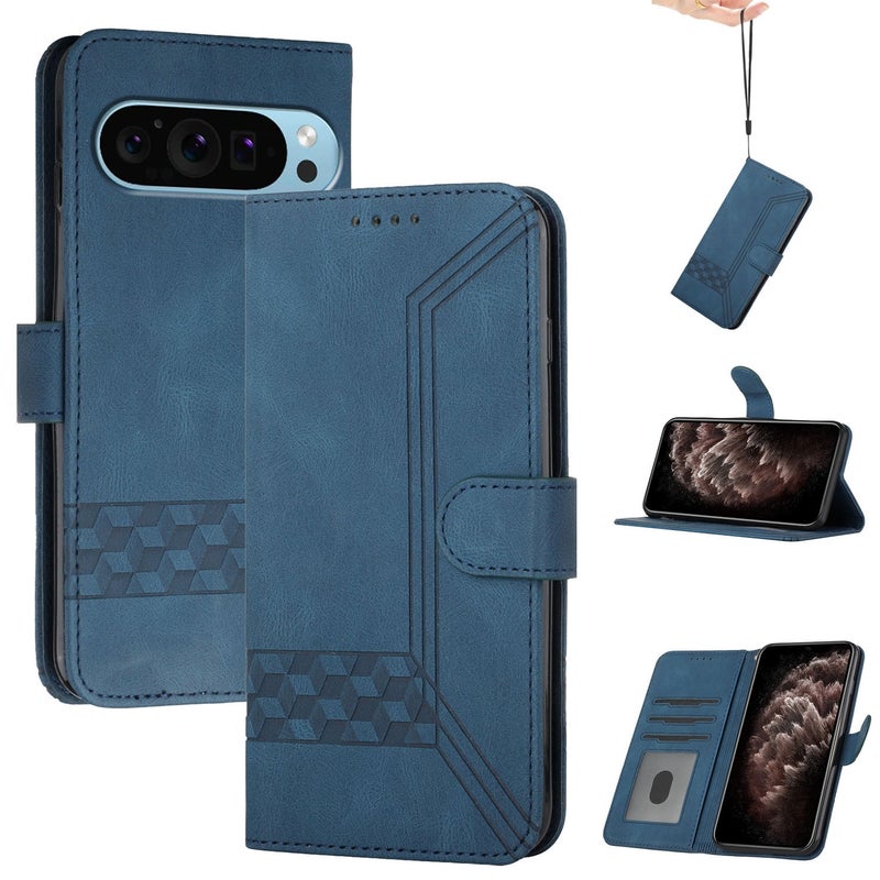 HuHa Protective Cover For Google Pixel 9 Pro Cubic Skin Feel Flip Leather Phone Case(Blue) - Image 1