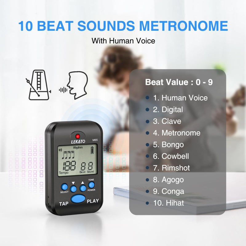 LEKATO Digital Metronome, Rechargeable LCD Electronic Mini Metronome, Human Voice, Clip on,10 Beat Sounds, Volume Adjustable, Portable M65 Metronome for Piano, Guitar, Flute, Violin, Drum (black) - Image 2