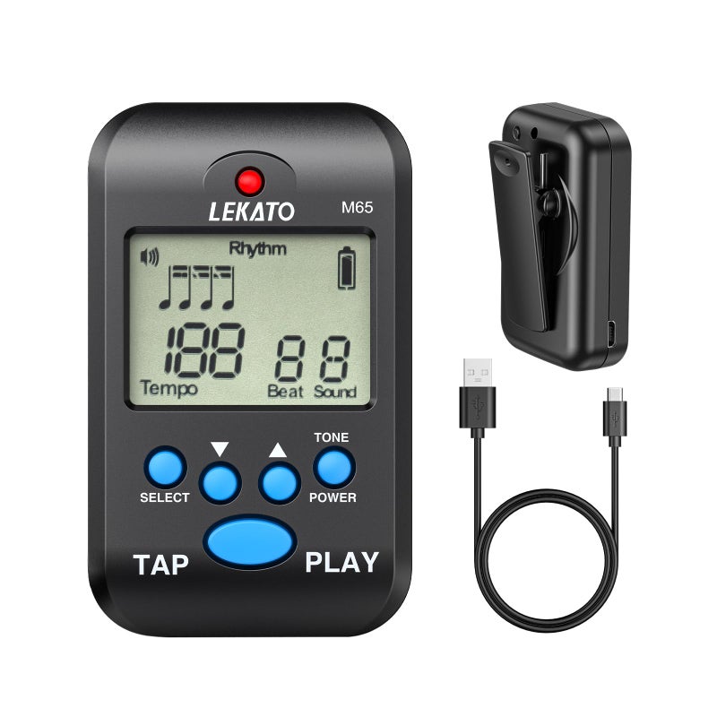 LEKATO Digital Metronome, Rechargeable LCD Electronic Mini Metronome, Human Voice, Clip on,10 Beat Sounds, Volume Adjustable, Portable M65 Metronome for Piano, Guitar, Flute, Violin, Drum (black) - Image 1