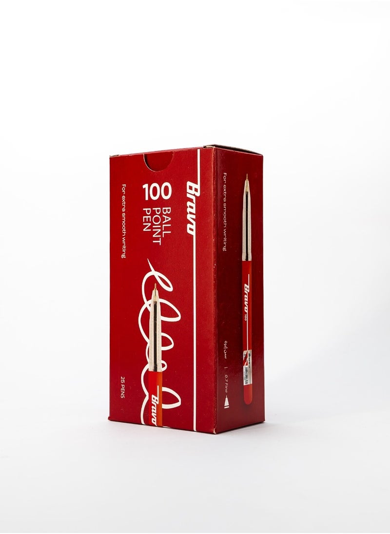 Bravo - Bravo 100 Ball Point Pen - 0.7mm -  Pack of 25 Pens - Red - Image 1