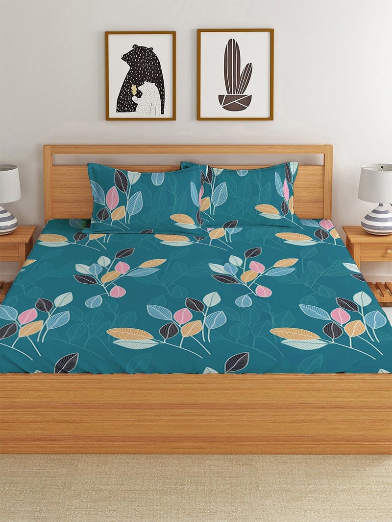 LOOMLYFE 300 TC Cotton Feel Glace Cotton Elastic Fitted Printed King Size Double Bed Bedsheet with 2 Pillow Covers Fits Upto 8 inches Mattress, Size- 72X78 Inches, Green Leaves - Image 2