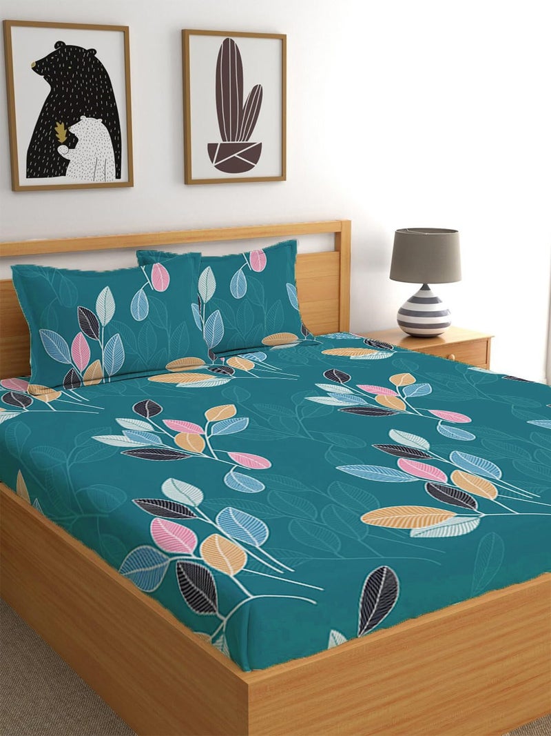 LOOMLYFE 300 TC Cotton Feel Glace Cotton Elastic Fitted Printed King Size Double Bed Bedsheet with 2 Pillow Covers Fits Upto 8 inches Mattress, Size- 72X78 Inches, Green Leaves - Image 1
