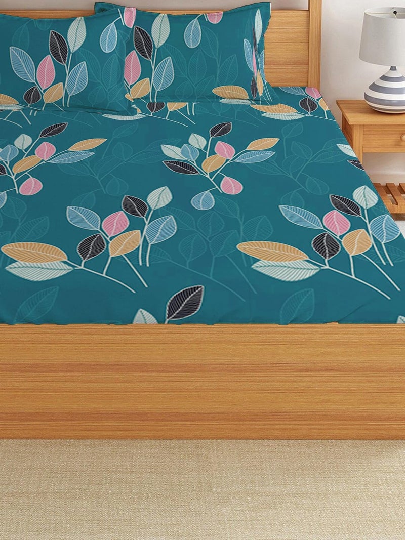 LOOMLYFE 300 TC Cotton Feel Glace Cotton Elastic Fitted Printed King Size Double Bed Bedsheet with 2 Pillow Covers Fits Upto 8 inches Mattress, Size- 72X78 Inches, Green Leaves - Image 3
