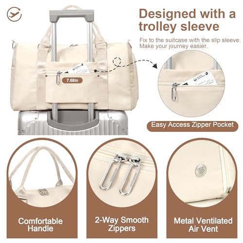 FIORETTO Womens Gym Tote Duffle Bag with Wet Pocket & Shoe Compartment, Sports Duffel Overnight Weekender Hospital Workout Carry on Bag for Girls, Ideal for Travel, Swimming, Dance, Ballet Beige - Image 4