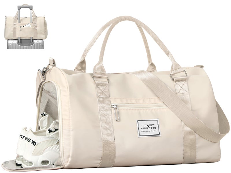 FIORETTO Womens Gym Tote Duffle Bag with Wet Pocket & Shoe Compartment, Sports Duffel Overnight Weekender Hospital Workout Carry on Bag for Girls, Ideal for Travel, Swimming, Dance, Ballet Beige - Image 1