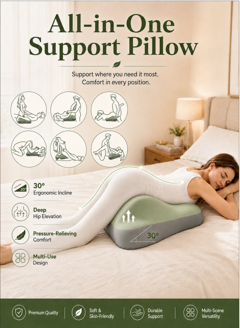 MOMENT Ergonomic Memory Foam Wedge Pillow for Lumbar & Back Support, Hip and Leg Elevation, Multipurpose Bed Cushion for Sitting, Lying & Pregnancy – Green/Grey - Image 4