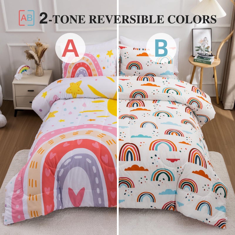 Btargot Lightweight Soft 3 Piece Rainbow Comforter Set with 2 Pillow Covers  Cartoon Love Hearts Flowers and Sun Star Bedding Set for Girls Boys Kids  Queen Pink - Image 2
