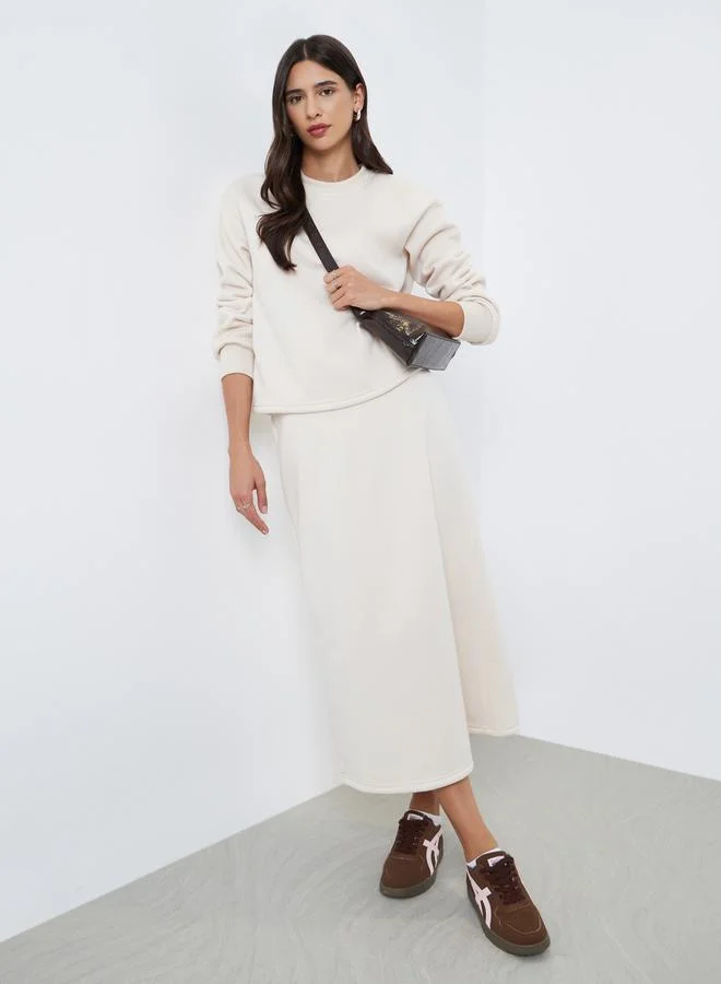 Styli Cream Round Neck Sweatshirt and Skirt Co-ords
