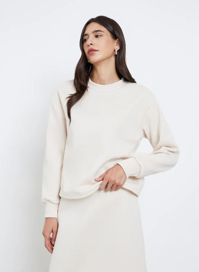 Styli Cream Round Neck Sweatshirt and Skirt Co-ords