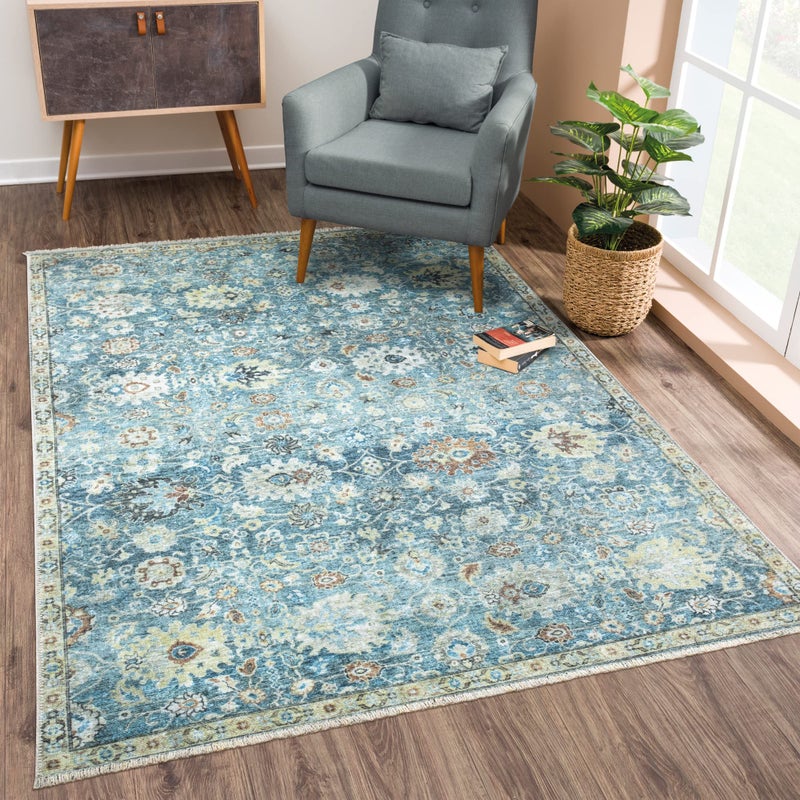 Bloom Rugs Caria قابلة للانزلاق 5x7 سجادة - الأزرق/البيج منطقة سجادة غرفة معيشة غرفة نوم غرفة الطعام والمطبخ - الحجم الدقيق: 5 '× 7' - Image 1