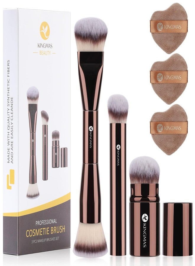 KINGMAS Makeup Brush Powder Puff Set, Foundation Concealer Contour Makeup Brushes, Flawless kabuki Brush Face Velour Puff for Foundation Blush Bronzer Contour Concealer, 3 Brushes & 3 Powder Puff - Image 1