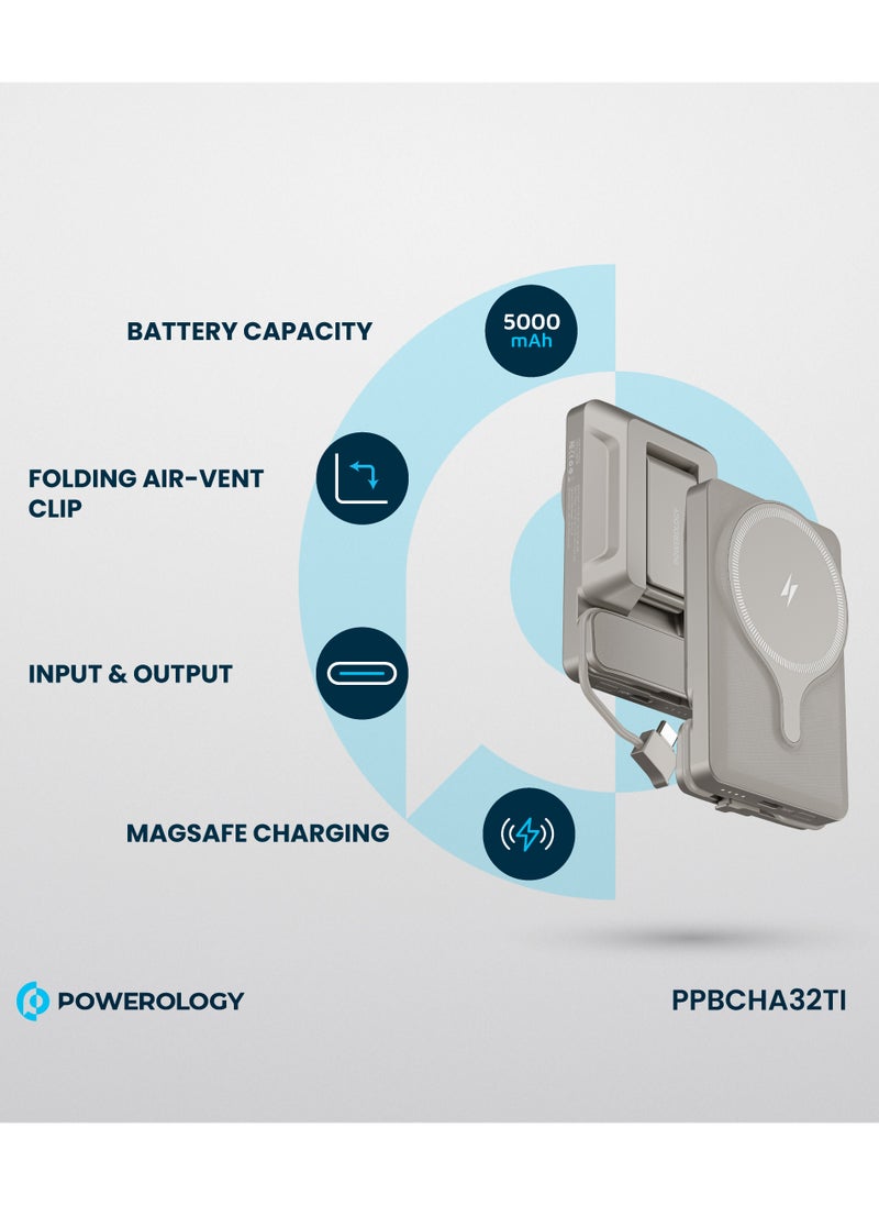 Powerology - 5000mAh Power Bank MagSafe Charging Air-Vent Mount/ 20W Power Delivery- Titanium - Image 1