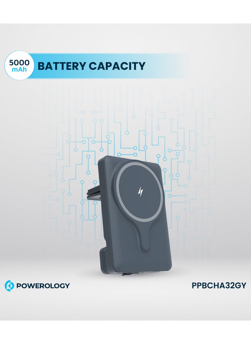 Powerology - 5000mAh Power Bank MagSafe Charging Air-Vent Mount/ 20W Power Delivery- Titanium - Image 1