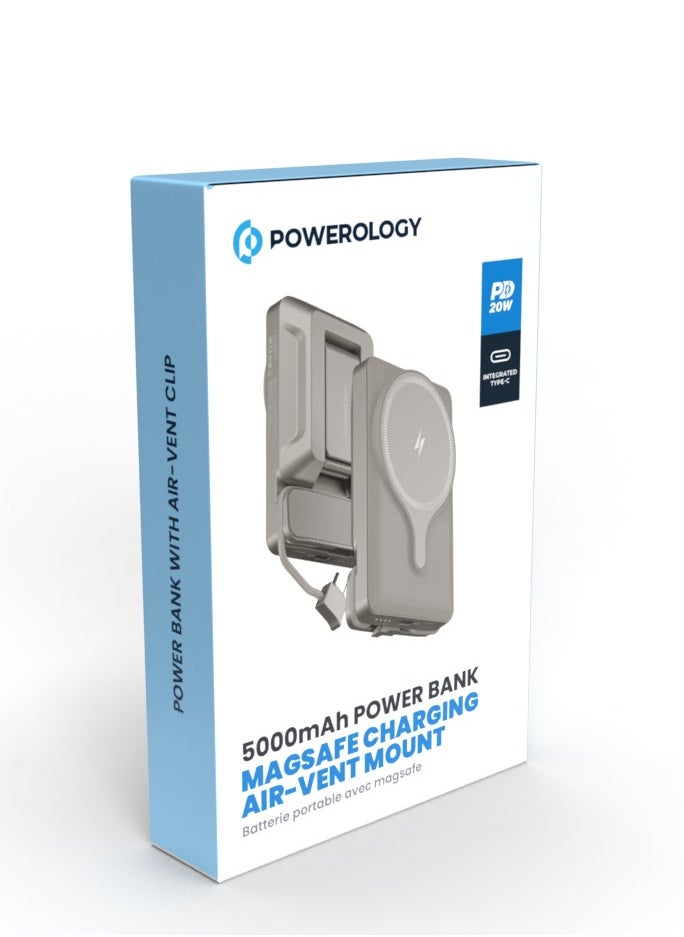 Powerology - 5000mAh Power Bank MagSafe Charging Air-Vent Mount/ 20W Power Delivery- Titanium - Image 1