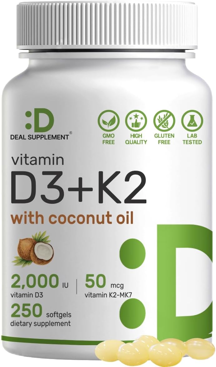 DEAL SUPPLEMENT Vitamin D3 2000 IU  K2 MK7 50mcg Softgels  2in1 Complex with Virgin Coconut Oil  Supports Heart Bone Teeth  Immune Health  Easy to Swallow - Image 1