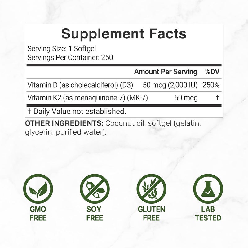 DEAL SUPPLEMENT Vitamin D3 2000 IU  K2 MK7 50mcg Softgels  2in1 Complex with Virgin Coconut Oil  Supports Heart Bone Teeth  Immune Health  Easy to Swallow - Image 2