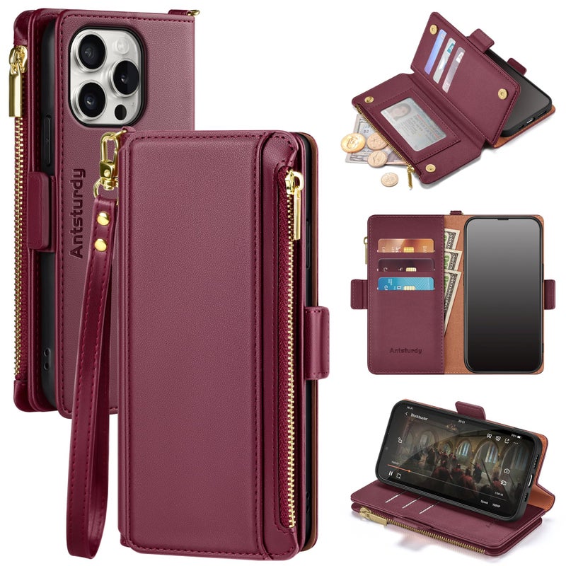 Antsturdy Compatible with iPhone 16 Pro Max Wallet Case,RFID Blocking PU Leather Phone Case Women Men Kickstand flip Cover Wrist Strap Zipper Credit Card Holder Slots for Apple 16 ProMax,Wine Red - Image 1