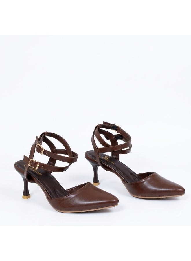 لايف ستيلاش  أحذية كعب جلدية مع إبزيمات أنيقة F-621 - بني - Image 1