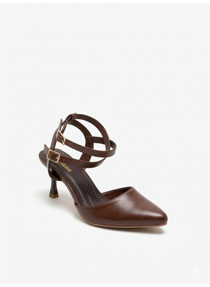 LIFESTYLISH Shoes Heels Leather With Buckles Elegant F-621 - Brown - Image 3