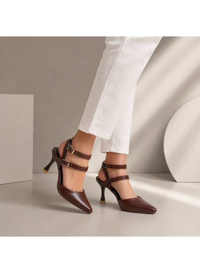LIFESTYLISH Shoes Heels Leather With Buckles Elegant F-621 - Brown - Image 1