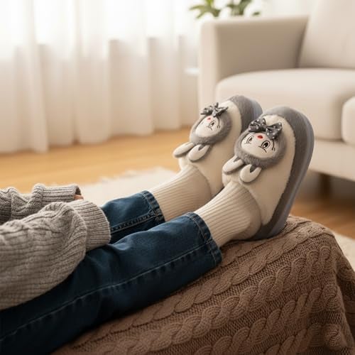 VRITRAZ Women’s Adorable Bunny Design Slippers | Ultra-Soft Plush Warm Indoor Footwear | Cozy Anti-Skid House Shoes (Grey, Size 8) - Image 3