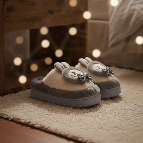 VRITRAZ Women’s Adorable Bunny Design Slippers | Ultra-Soft Plush Warm Indoor Footwear | Cozy Anti-Skid House Shoes (Grey, Size 8) - Image 2