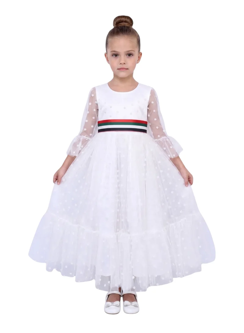 Bidani Girls 2-in-1 White Swiss Dot Tulle Maxi Dress with Removable UAE Flag Belt