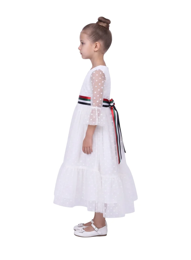 Bidani Girls 2-in-1 White Swiss Dot Tulle Maxi Dress with Removable UAE Flag Belt