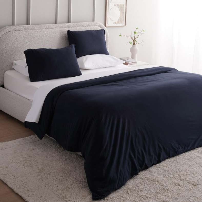 Pan Home طقم غطاء لحاف من قطن جيرسي باللون الأزرق البحري لسرير ملكي