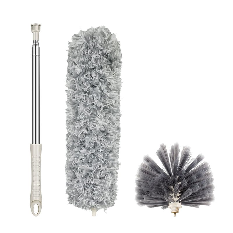 2 in 1 Microfiber Duster 3 PCS Feather Ceiling for Home Cleaning 100 inches Long Stainless Steel Handle Extendable and Adjustable dust Cleaner Brush High roof Cobweb Furniture Fan Mop Extension Pole