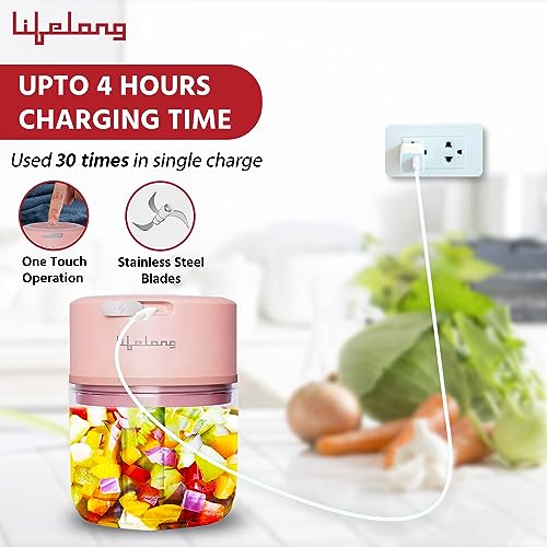 Lifelong LLWC03 USB Rechargeable Wireless Electric Chopper with Stainless Steel Blades for Onion, Garlic, Vegetables, Nuts, Meat - 250 ML (Pink) - Image 5