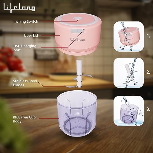 Lifelong LLWC03 USB Rechargeable Wireless Electric Chopper with Stainless Steel Blades for Onion, Garlic, Vegetables, Nuts, Meat - 250 ML (Pink) - Image 2