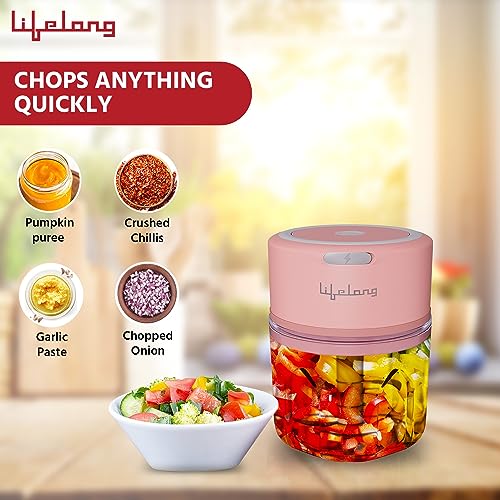 Lifelong LLWC03 USB Rechargeable Wireless Electric Chopper with Stainless Steel Blades for Onion, Garlic, Vegetables, Nuts, Meat - 250 ML (Pink) - Image 3