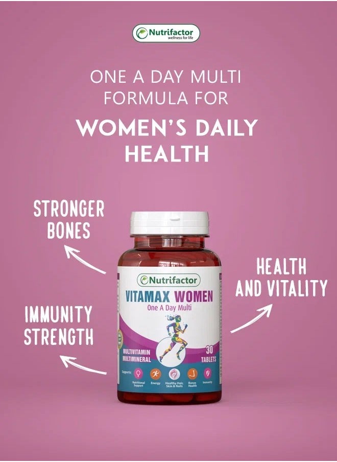Nutrifactor - Vitamax Women’s Multivitamin Tablets with Vitamins A, C, B12, D3, Calcium and Folic Acid, Metabolism Booster and Dietary Supplement for Immune Support and Bone Health - 30 Tablets - Image 1