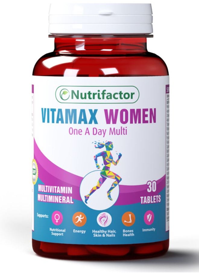 Nutrifactor - Vitamax Women’s Multivitamin Tablets with Vitamins A, C, B12, D3, Calcium and Folic Acid, Metabolism Booster and Dietary Supplement for Immune Support and Bone Health - 30 Tablets - Image 1