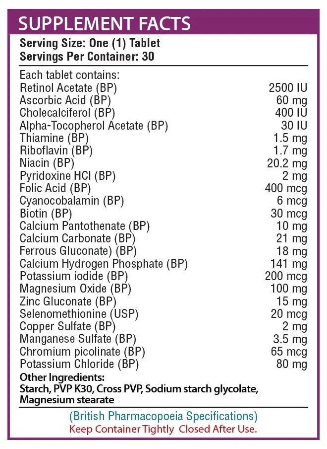 Nutrifactor - Vitamax Women’s Multivitamin Tablets with Vitamins A, C, B12, D3, Calcium and Folic Acid, Metabolism Booster and Dietary Supplement for Immune Support and Bone Health - 30 Tablets - Image 1