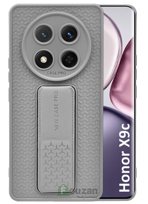 For Honor X9c - Semi Soft Silicone Magnetic Back Stand Case  With Foldable Kickstand & Finger Strap  - Grey