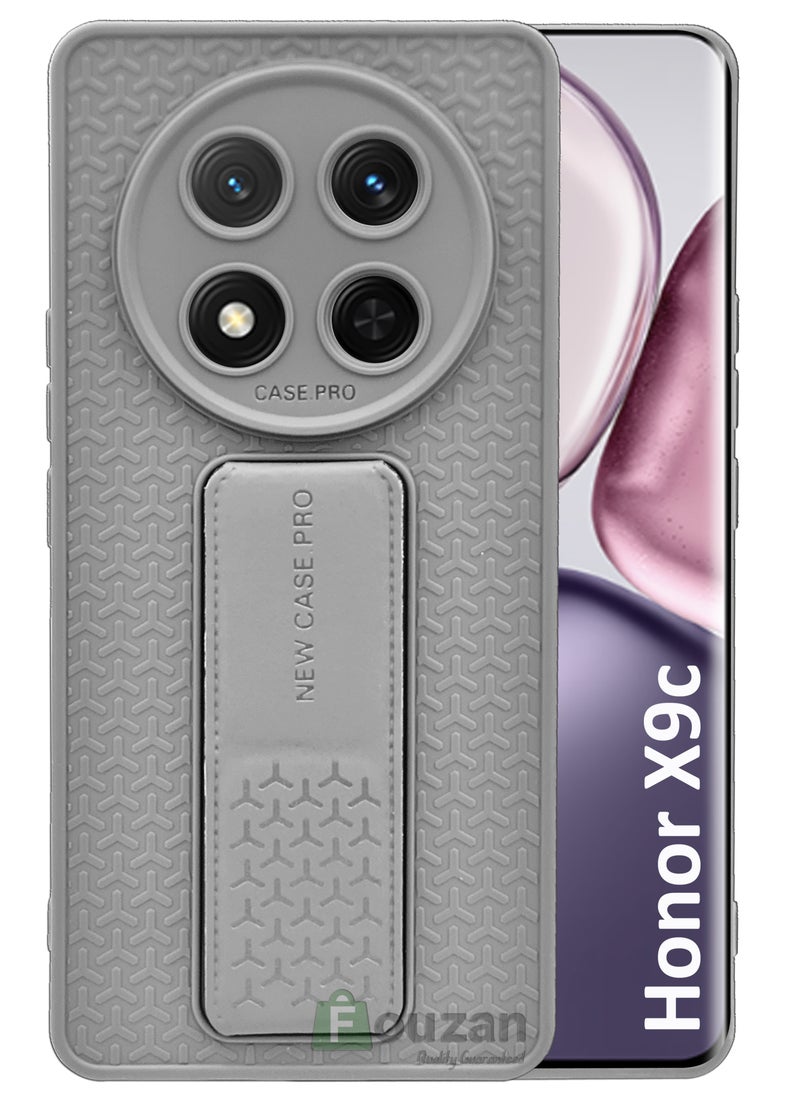 Generic For Honor X9c - Semi Soft Silicone Magnetic Back Stand Case  With Foldable Kickstand & Finger Strap  - Grey  - Image 1