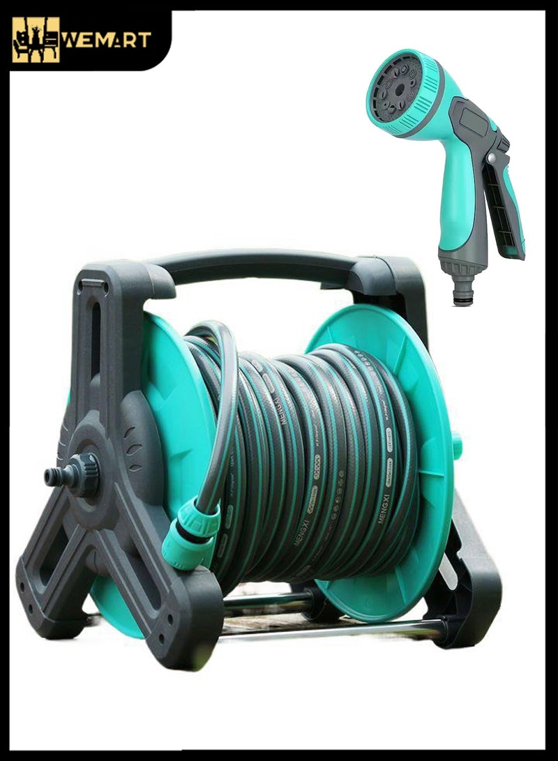 WEMART 30M Garden Hose Reel Set,Portable Wall Mounted,Equipped With Multi-Function High-Pressure Water Gun And Water Pipe Bracket,3 Types Of Water Guns For Home Garden Watering And Car Washing - Image 1