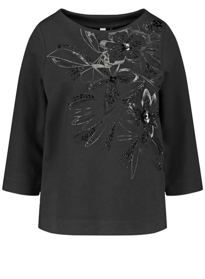 GERRY WEBER قميص بأكمام 3/4 مع زخارف نباتية مصنوعة من الترتر والأحجار الزخرفية  - Image 1