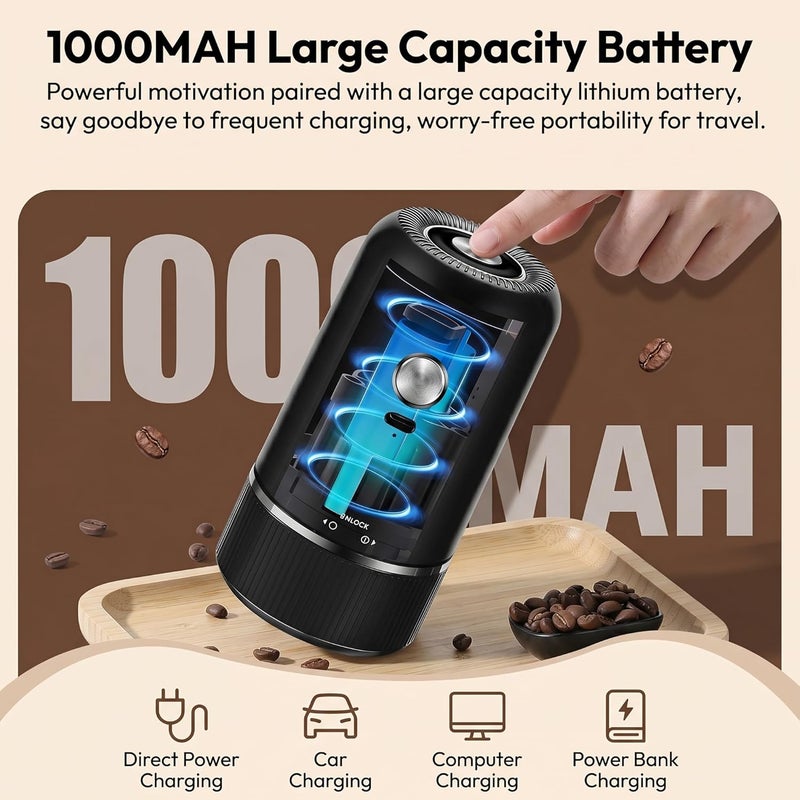 مطحنة قهوة كهربائية - محمولة مع حجر سيراميك 5 إعدادات، قابلة للشحن عبر USB-C للسفر والتخييم - Image 4