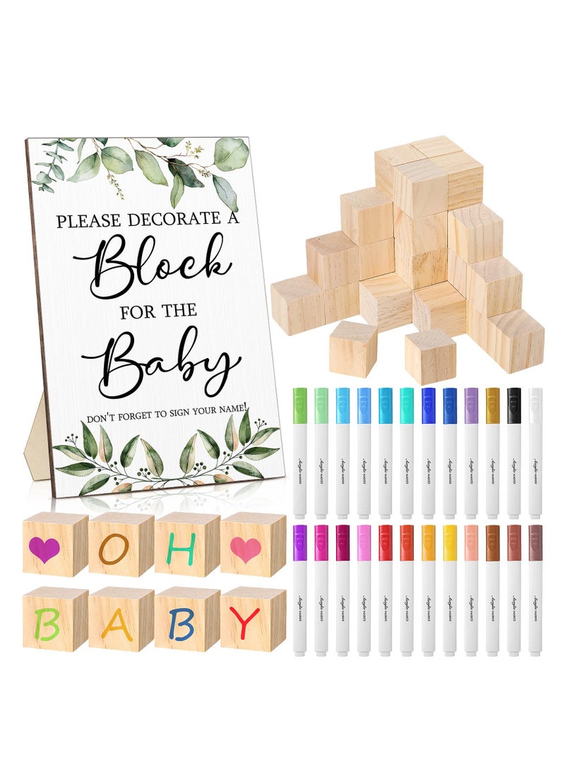 Captaintech 75 Pcs Baby Shower Block Games Sign Kit with 50 DIY Blank Wooden Blocks and 24 Acrylic Markers for Party Decoration  - Image 1